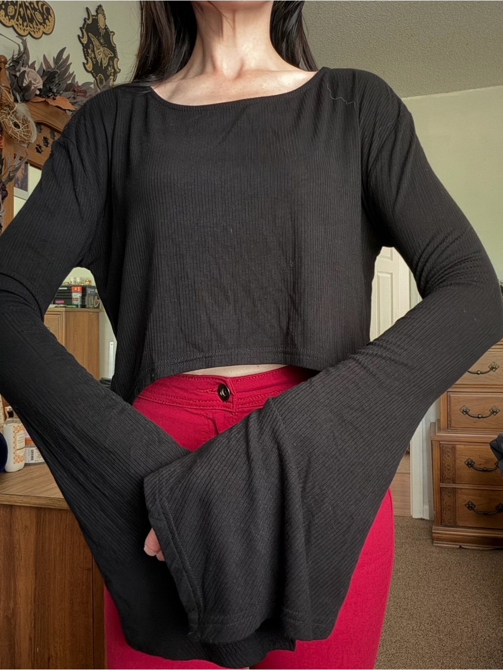 Killstar Black Ribbed Bell-Sleeve Crop Top